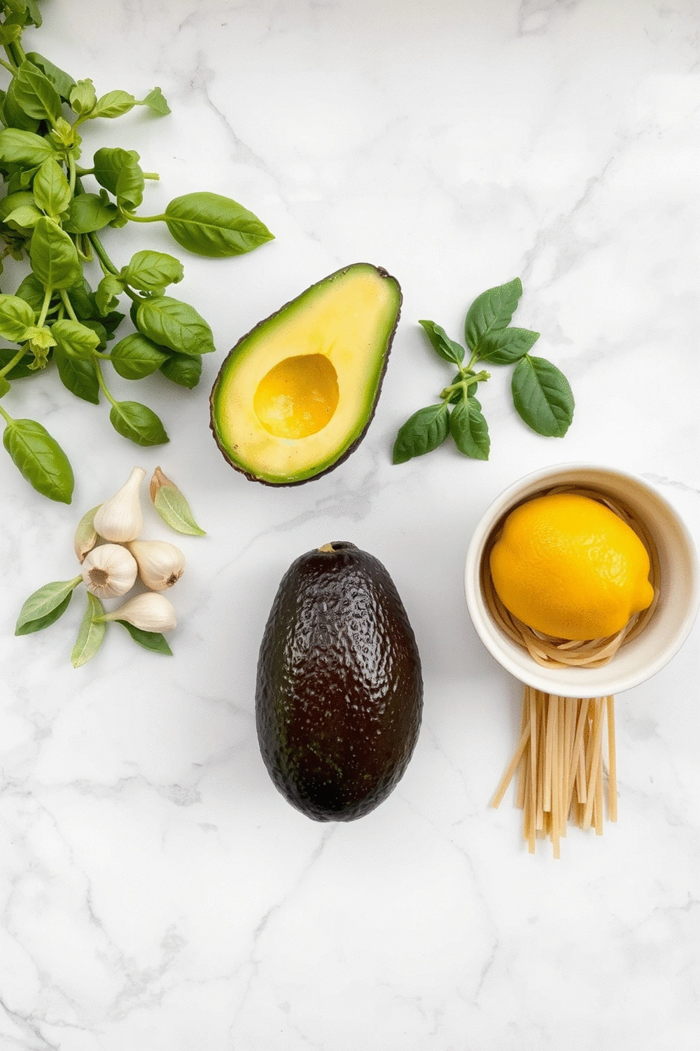 Fresh, vibrant ingredients for creamy avocado pasta, including ripe avocados, fresh basil, garlic cloves, whole wheat pasta, and lemon, artfully arranged on a light marble countertop under bright, natural light.
