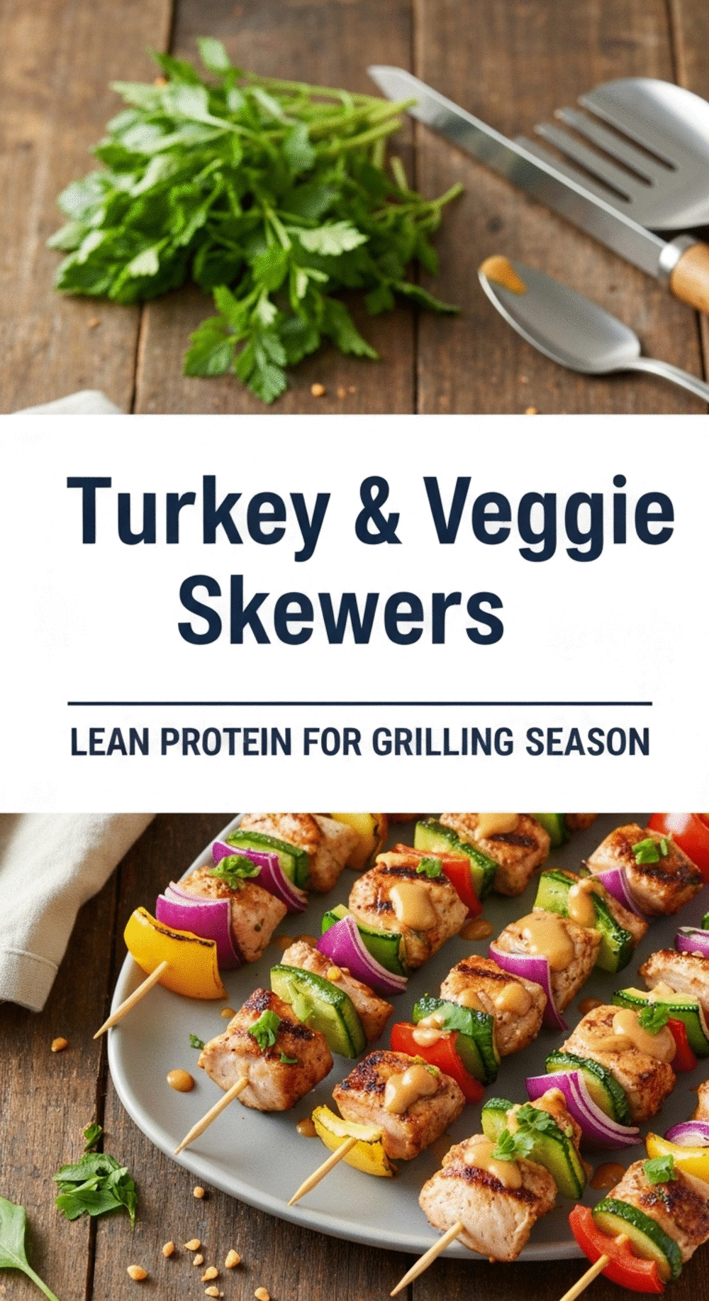 Plated Turkey and Veggie Skewers with Peanut Sauce, garnished with fresh cilantro and lime wedges, on a light wooden board. The skewers are perfectly grilled with visible char marks. Natural, warm lighting highlights the vibrant colors. 45-degree angle food photography.