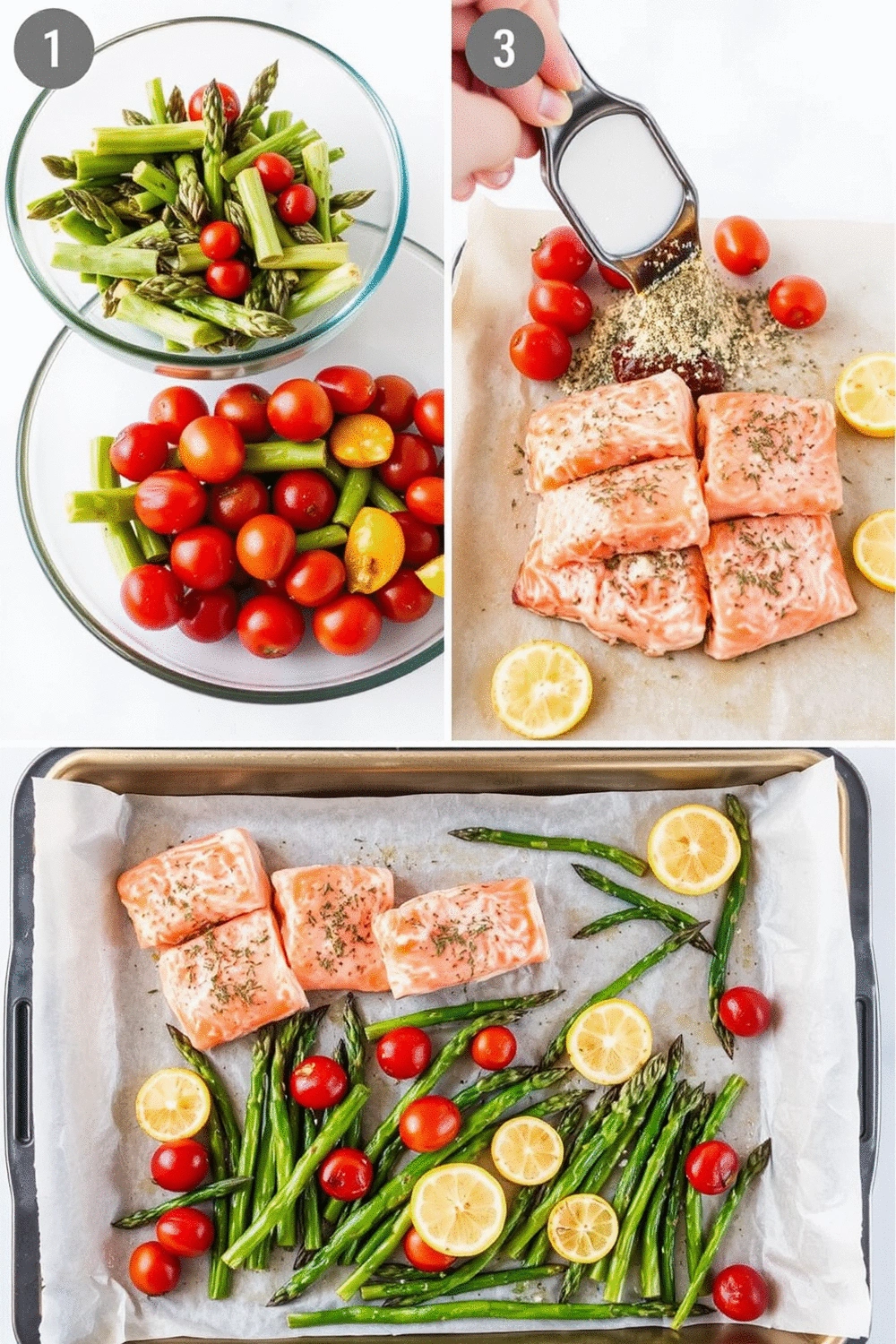 Four-panel collage showing key steps: 1. Asparagus and cherry tomatoes being tossed with olive oil and spices in a bowl. 2. Raw salmon fillets being seasoned with dill and garlic. 3. Salmon, asparagus, and tomatoes arranged on a parchment-lined sheet pan. 4. The sheet pan entering a preheated oven, with a warm glow, professional food photography style, cozy mood.