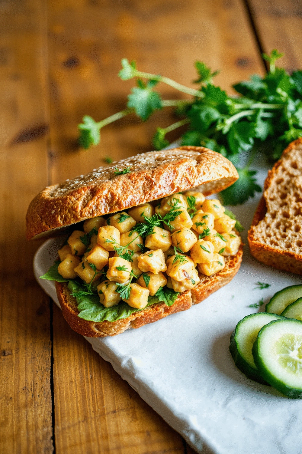 A beautifully plated chickpea salad sandwich on whole wheat bread, garnished with fresh dill and microgreens, with a side of crisp cucumber slices, natural lighting, 45-degree angle.