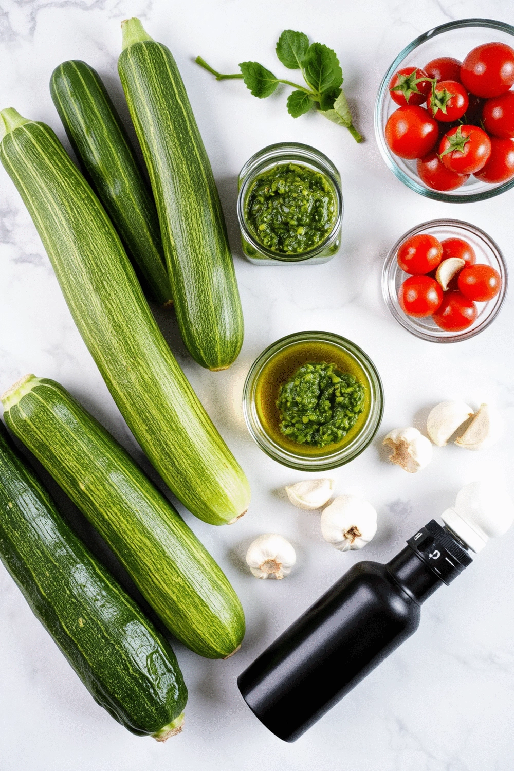 A vibrant flat lay of fresh ingredients for zucchini noodles. Includes three green zucchinis, a bowl of bright red cherry tomatoes, a jar of green pesto, a bottle of olive oil, garlic cloves, a pepper grinder, and a salt cellar, arranged on a light marble surface with soft, even lighting.