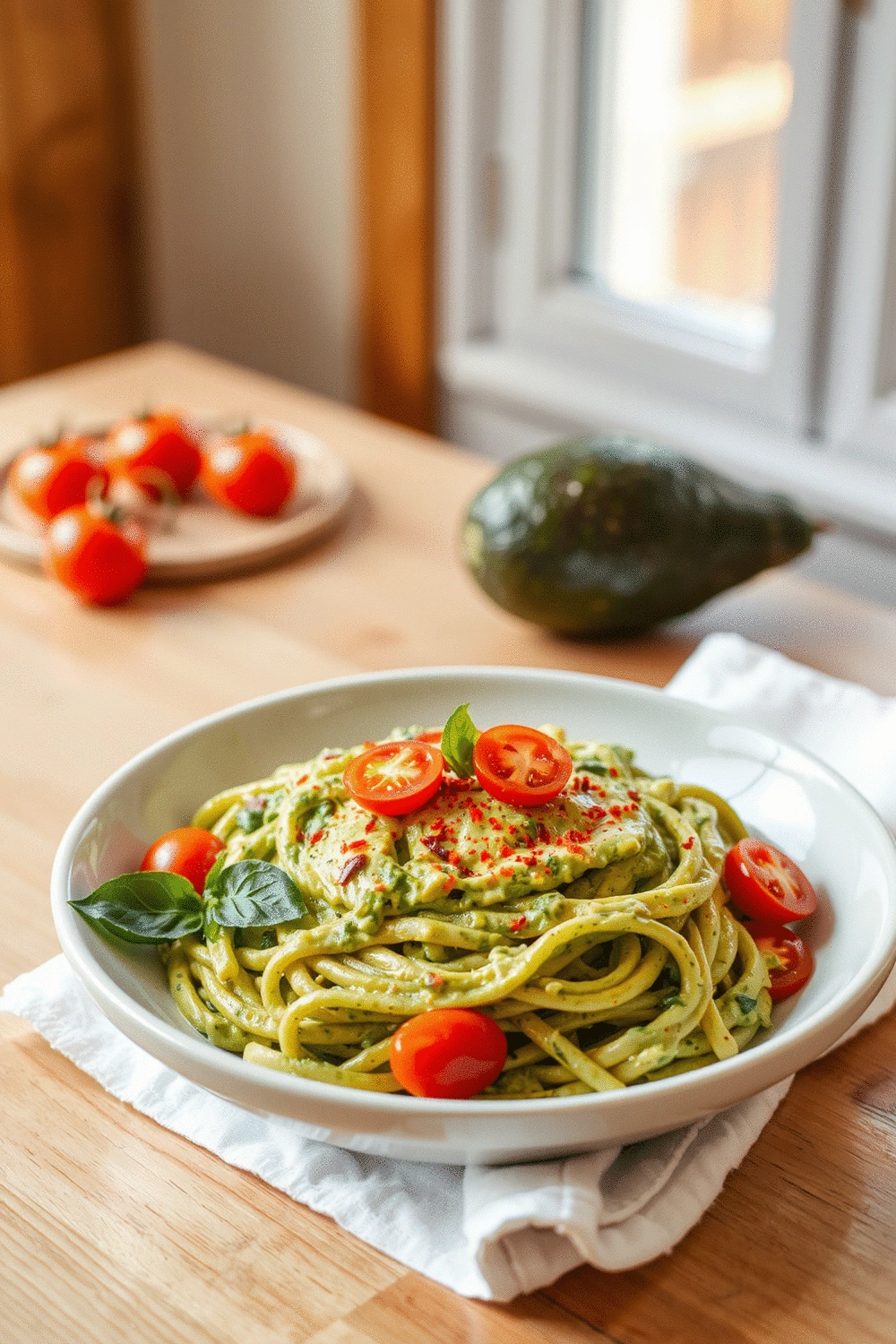 A vibrant bowl of creamy avocado pasta, garnished with fresh basil leaves and cherry tomatoes, on a light wooden table with warm, natural lighting from a window.