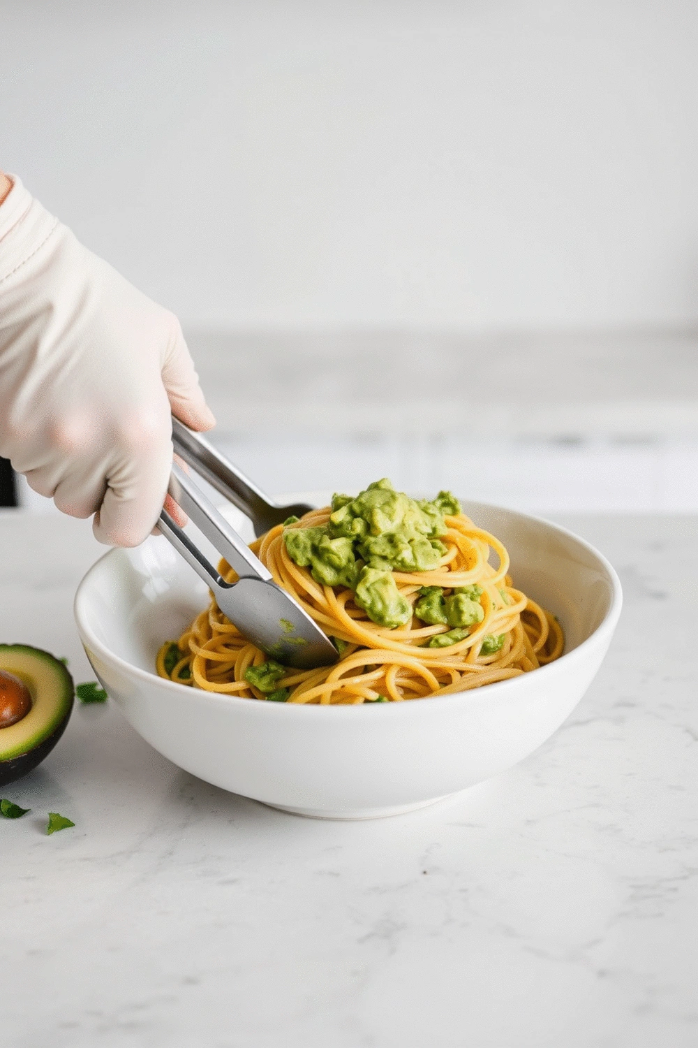 A close-up shot of a chef's hands tossing warm pasta with a vibrant green creamy avocado sauce in a large white bowl, using tongs. Steam is gently rising, and the background is a blurred, clean kitchen setting with natural light.