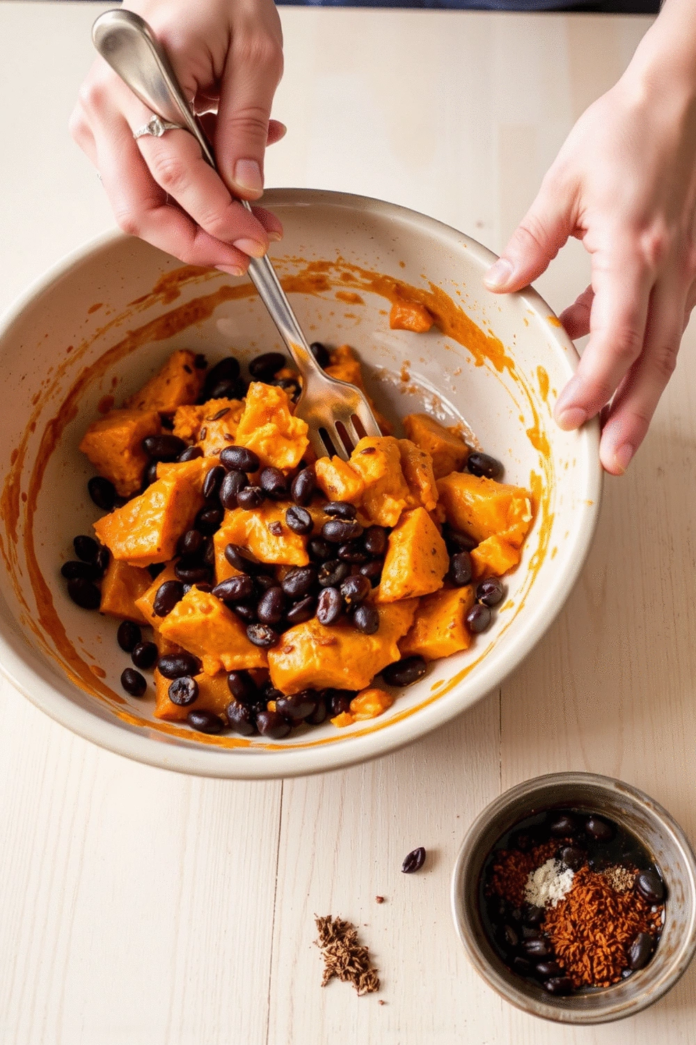 Hands mashing sweet potato and black beans in a bowl