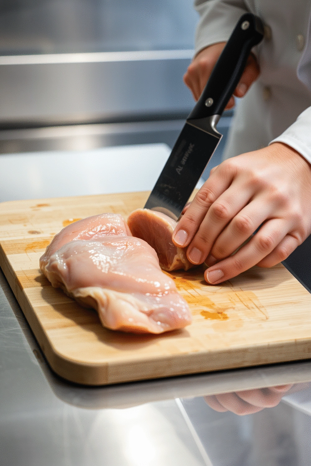 Chef's hands butterflying a raw chicken breast on a cutting board with a sharp knife, showing the chicken being carefully opened like a book. Stainless steel countertop, bright kitchen lighting, close-up shot, focus on the action.