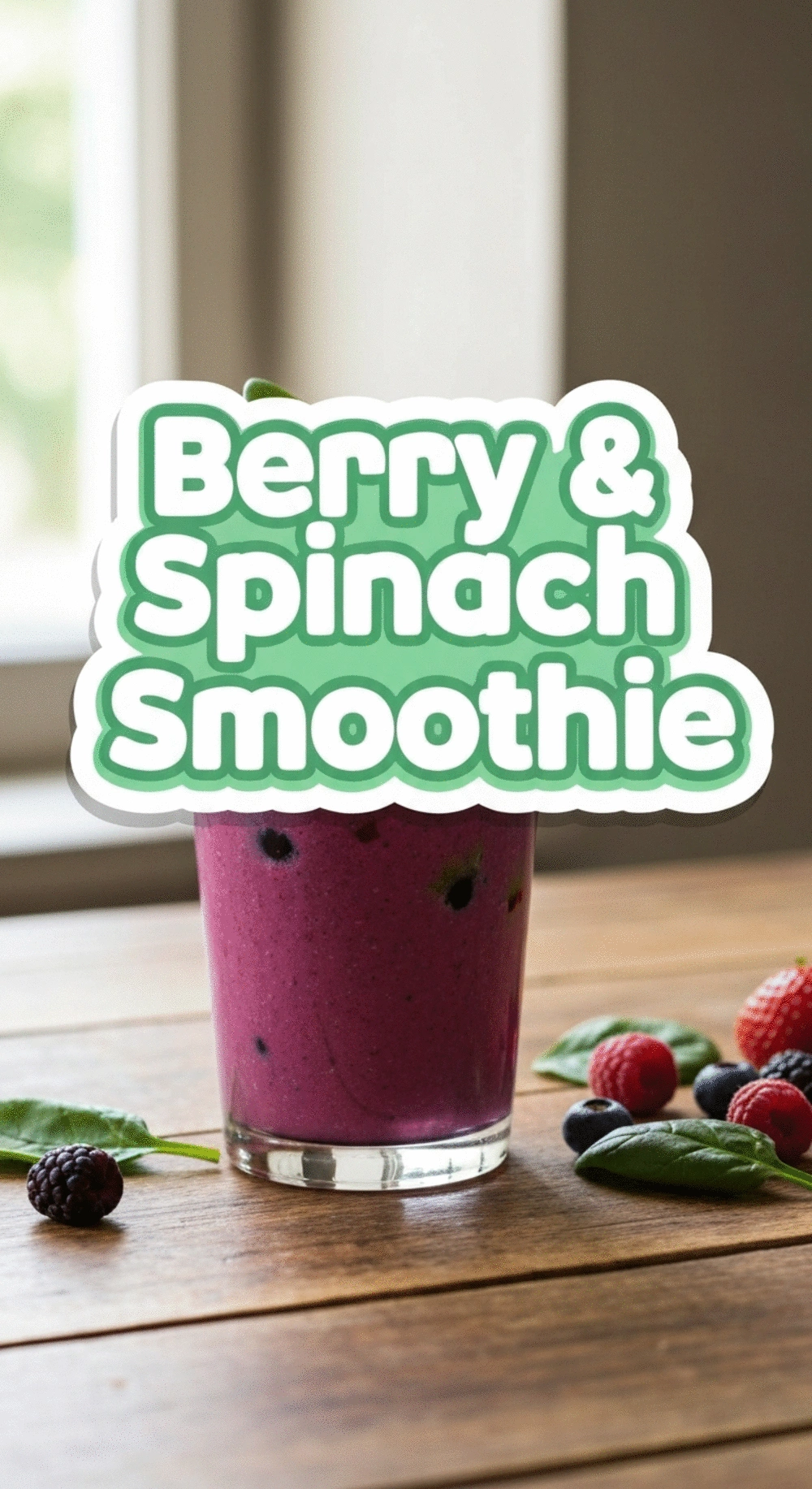 Vibrant purple Berry and Spinach Smoothie in a glass, garnished with fresh berries and a mint leaf, on a light wooden background with bright, natural lighting.