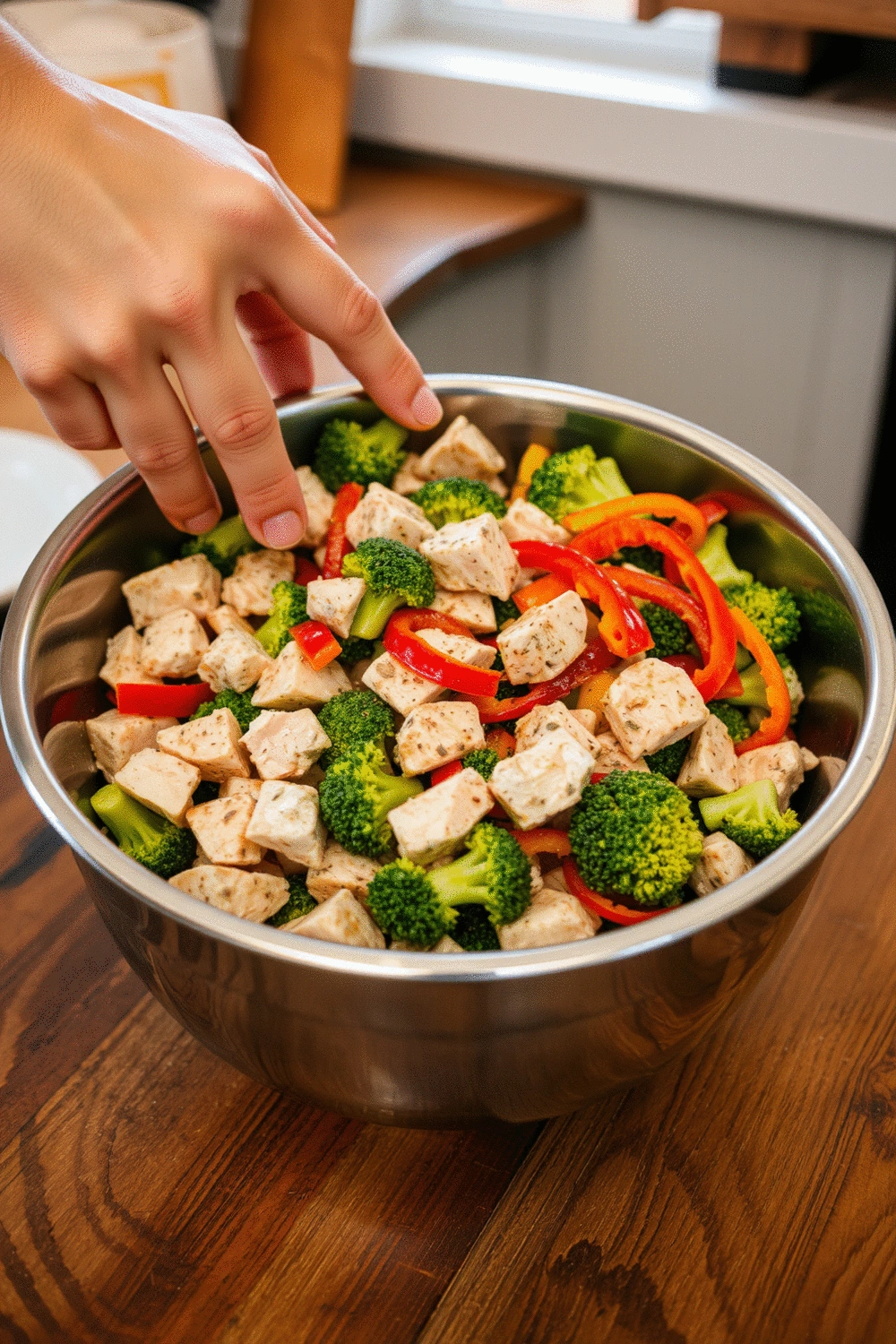 A dynamic image showing hands tossing chopped chicken and vegetables with olive oil and spices in a large mixing bowl, preparing them for roasting. The bowl is on a rustic wooden counter with warm, inviting kitchen lighting.