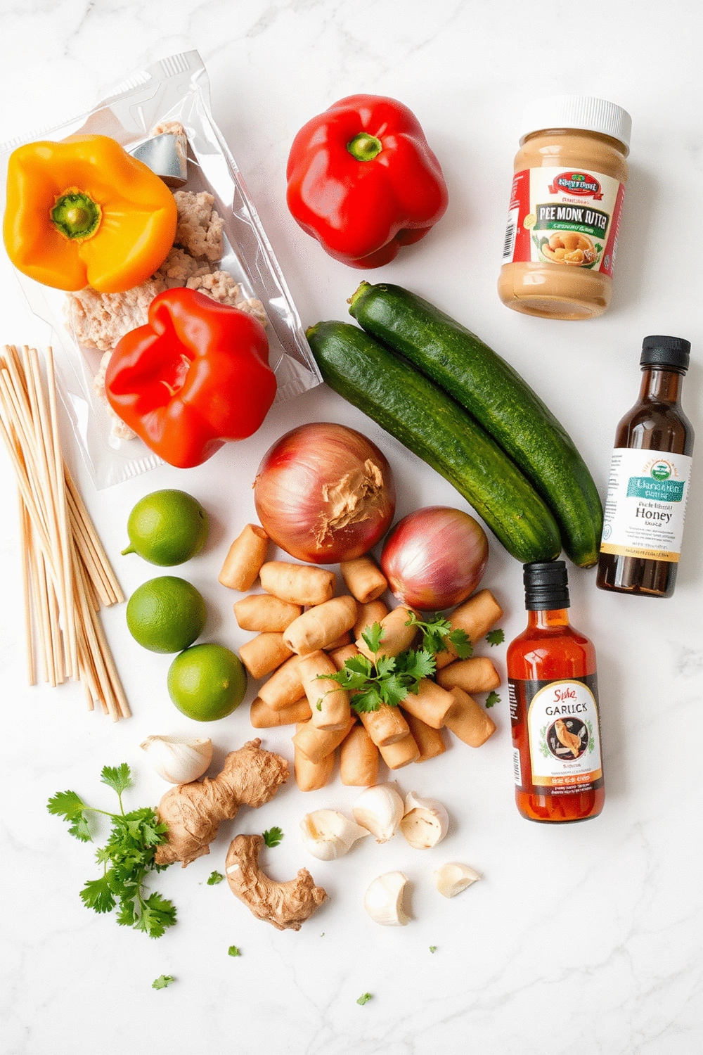 Arrangement of fresh ingredients for turkey and veggie skewers and peanut sauce: ground turkey, colorful bell peppers, red onion, zucchini, wooden skewers, peanut butter, soy sauce, honey, lime, ginger, garlic, and sriracha, on a light marble countertop. Overhead flat lay, bright natural light.