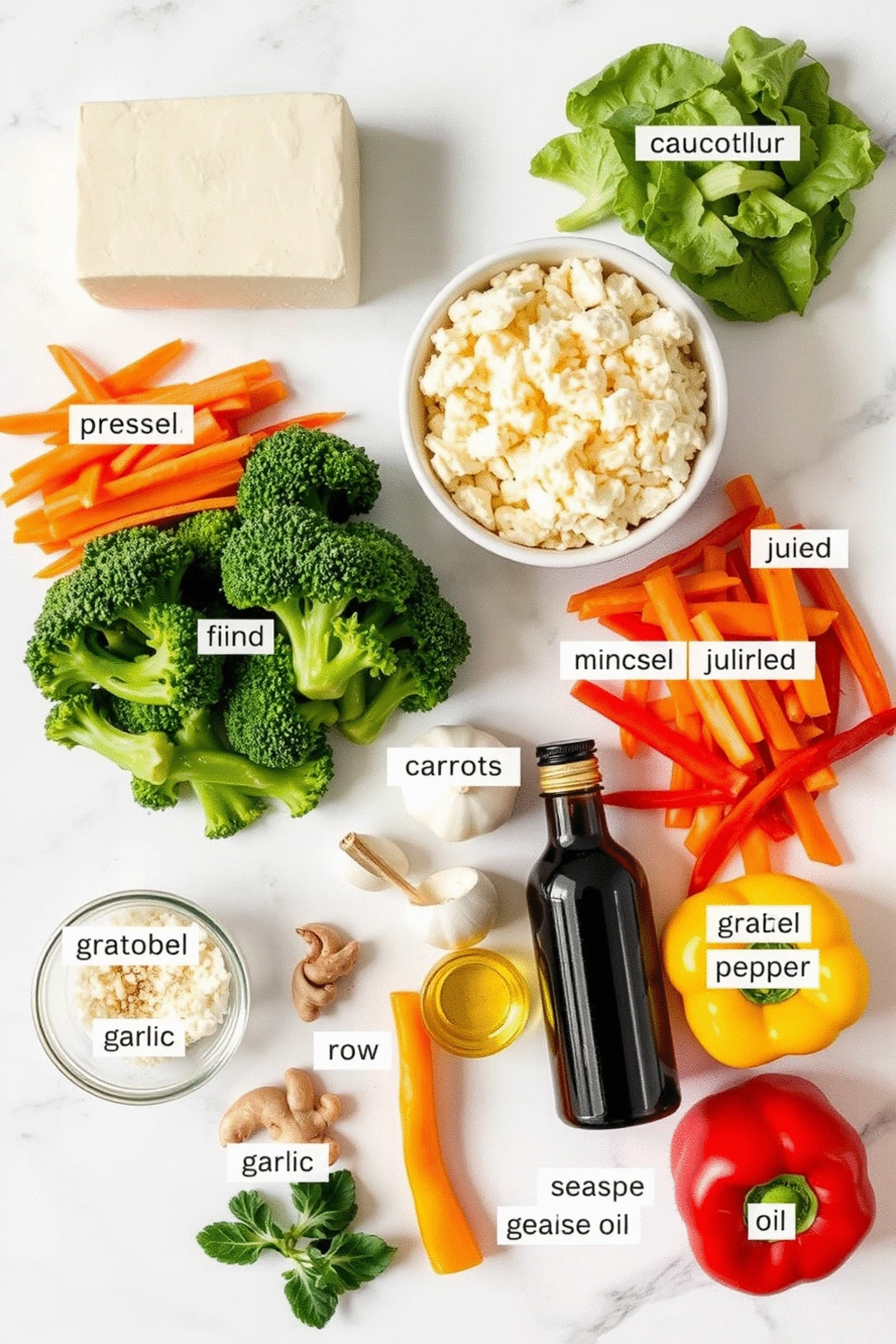 Flat lay of fresh ingredients for cauliflower rice stir-fry including pressed tofu, riced cauliflower, broccoli florets, sliced carrots, bell peppers, fresh ginger, garlic, soy sauce, and sesame oil on a light marble surface with a few small prep bowls.