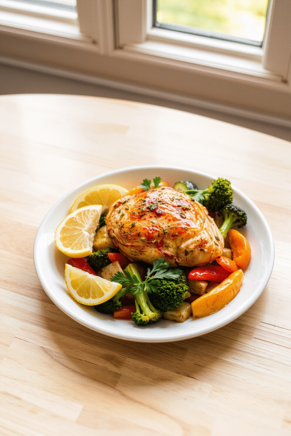 A beautifully plated Lemon Herb Chicken and Veggies dish, garnished with fresh parsley and lemon wedges, on a white ceramic plate. The background is a soft, blurred kitchen counter with natural window light, shot at a 45-degree angle, professional food photography style.