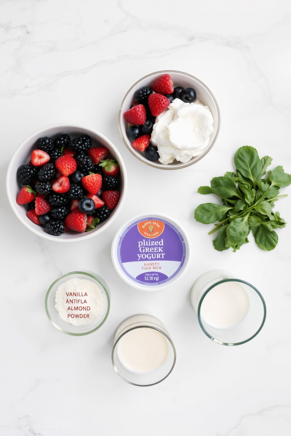Flat lay of fresh smoothie ingredients: mixed berries, spinach, Greek yogurt, protein powder, and almond milk arranged on a marble counter with measuring cups.