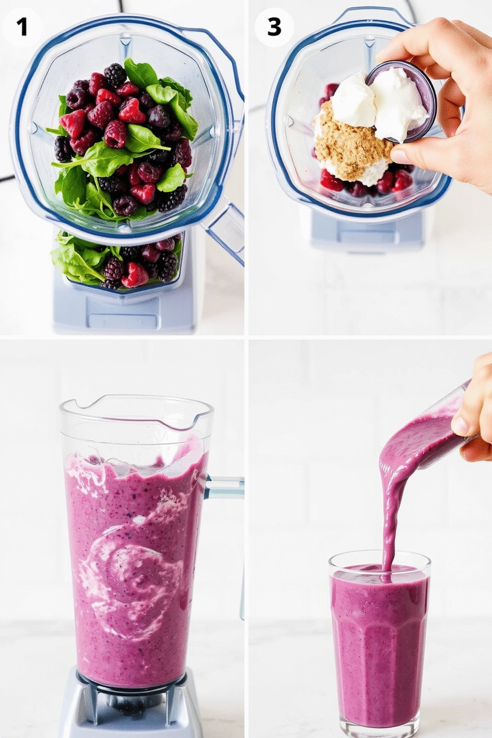 Collage of 4 panels: 1. Spinach and berries in blender. 2. Adding protein powder and yogurt. 3. Blender running. 4. Smoothie being poured into a glass.