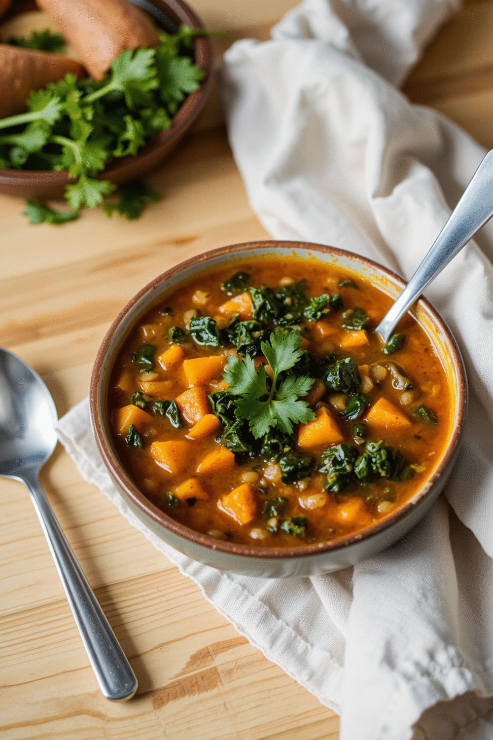 Hearty Lentil Soup with Kale and Sweet Potatoes in a rustic bowl