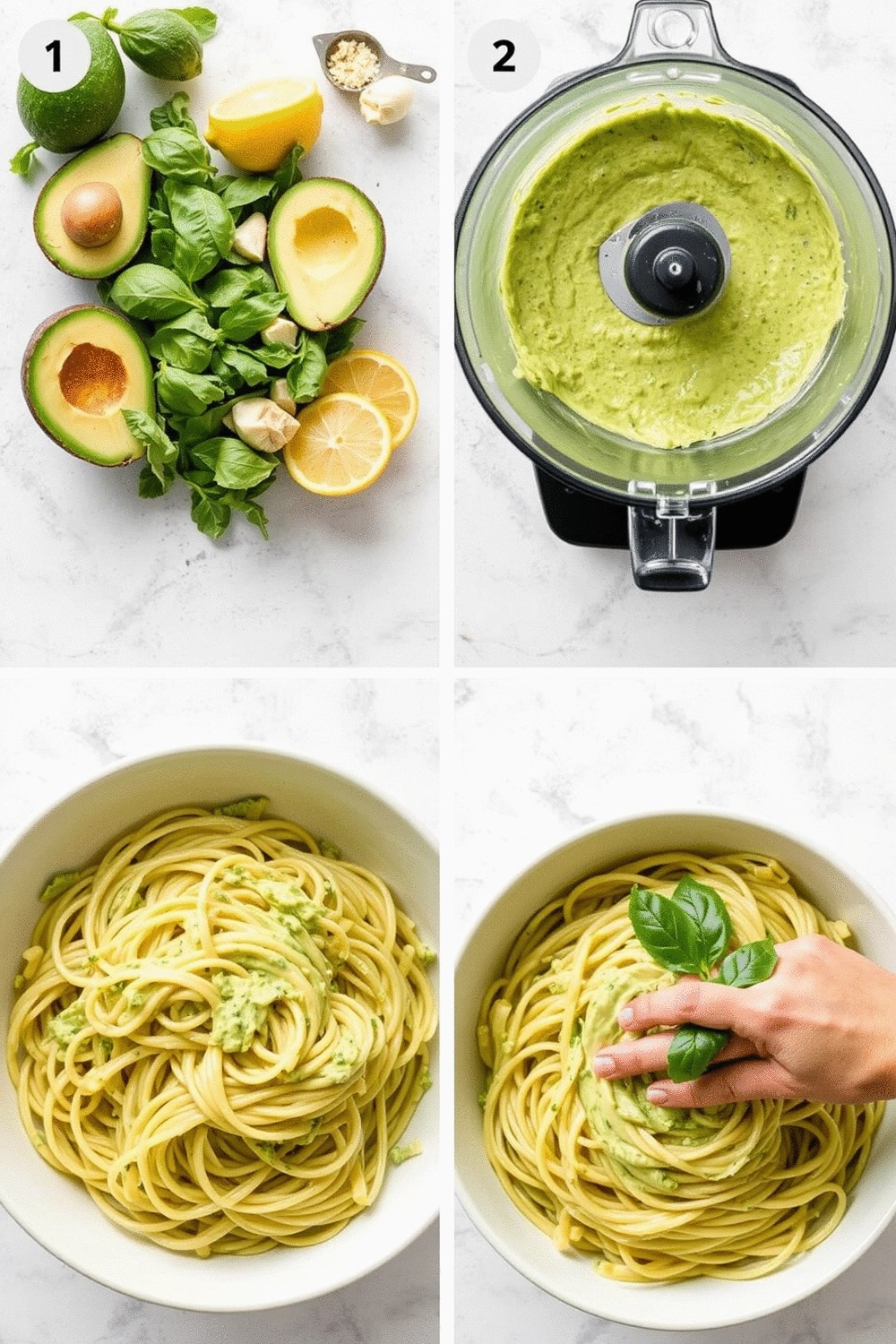 A dynamic collage of four sequential steps in making creamy avocado pasta: 1) fresh ingredients ready, 2) avocado being blended into a smooth green sauce, 3) cooked pasta being tossed with the sauce, and 4) final garnished pasta in a serving bowl. Each panel features consistent bright lighting and a clean, modern food photography style.
