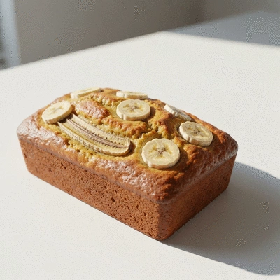 Delicious banana bread with a golden crust and sliced bananas on top