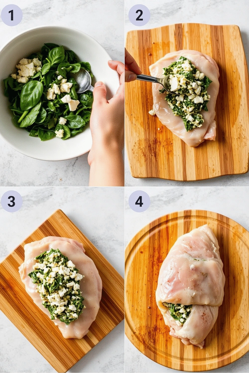 Four-panel collage showing sequential steps: 1. Mixing spinach and feta in a bowl. 2. Spooning stuffing into butterflied chicken. 3. Folding chicken over the filling. 4. Securing chicken with toothpicks on a cutting board. Overhead view, professional food photography style, consistent soft lighting.