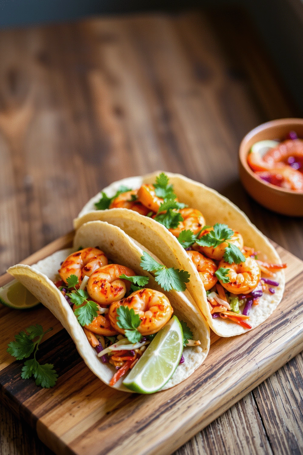 Vibrant Spicy Shrimp Tacos with Cilantro-Lime Slaw, perfectly plated on a rustic wooden board with lime wedges and fresh cilantro sprigs, natural overhead lighting.